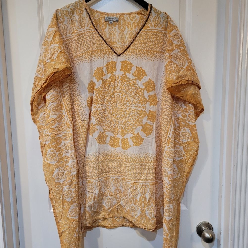 World Market Women's Gold/White Cotton Tunic Top Blouse w Wood Beads on Neckline